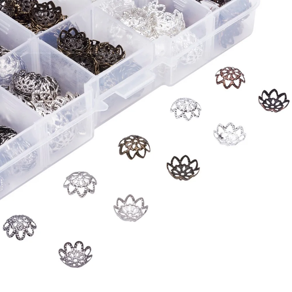 

1 Box Mixed Iron Flower Bead Caps for Jewelry Making DIY Finding Mixed Color, 9x4mm, Hole: 1mm; about 525pcs/box,10g/compartment