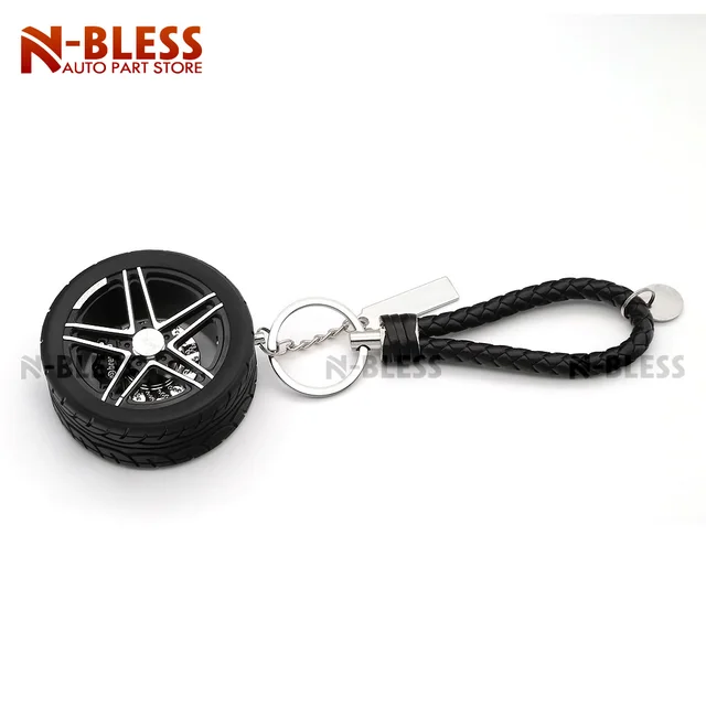 Big size Racing Tires Metal Keychain with Leather Rope Men Car Wheel Rubber Wheel Tyre Tire