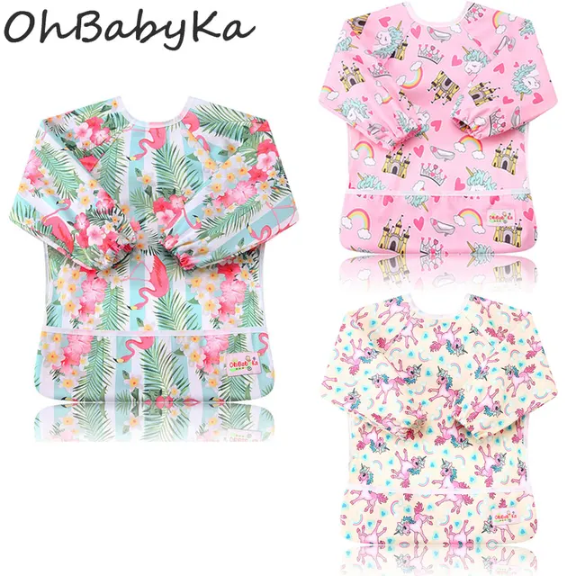 Ohbabyka Pocket Feeding Bibs Baby Shower Gift Waterproof Long Sleeve Baby Feeding Clothes Unisex for Kids 6-24Month 3PCS/Pack