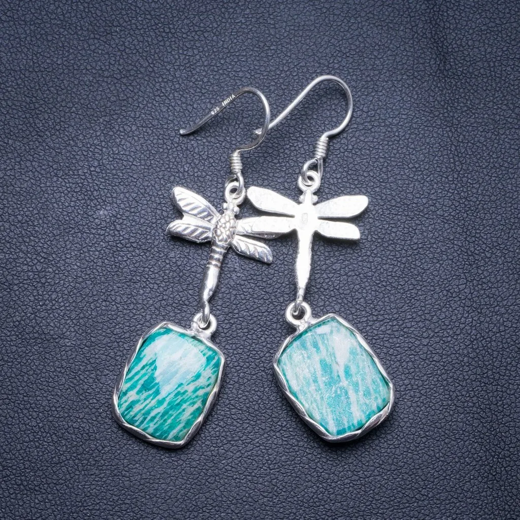 

Natural Amazonite Handmade Unique 925 Sterling Silver Earrings 2" X4496