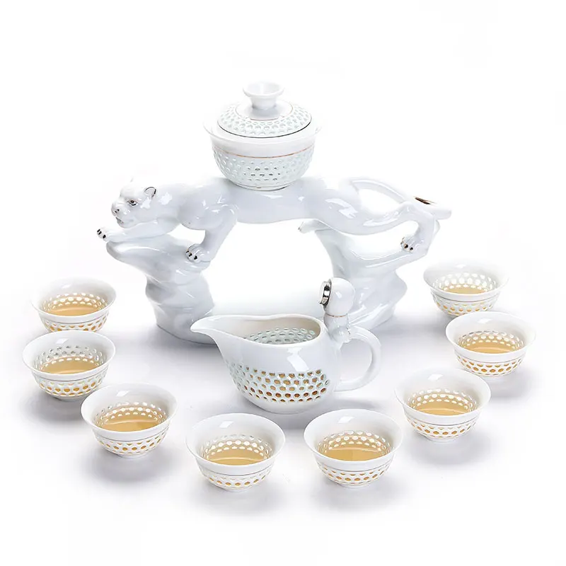 11PCS/Lot Creative Openwork Ceramic Automatic Tea Set High end White