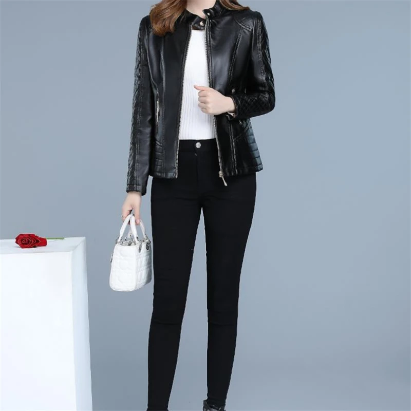 Beste Faux Lederen Jas Vrouwen Herfst Koreaanse Korte Slanke XL 6XL Plus Size Zwart Geel Lange Mouw Mode Fishtail Plaid Jas JD310