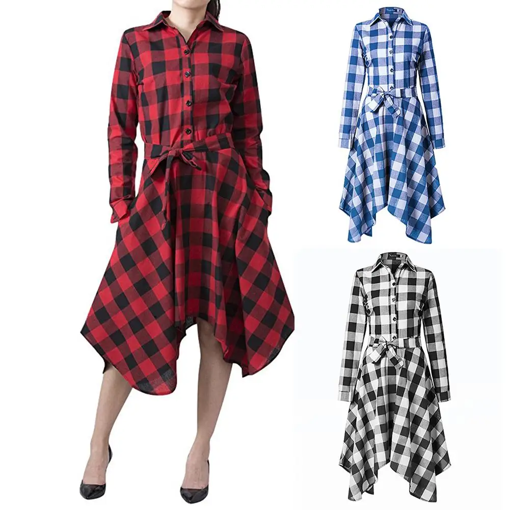 

Hot Sale Long-sleeved Plaid Shirt Waist Slimming Pocket Dress