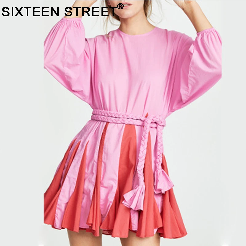 

2019 Woman beach summer dress lantern sleeve O-neck patchwork green pink white pleated mini dresses for ladies runway design
