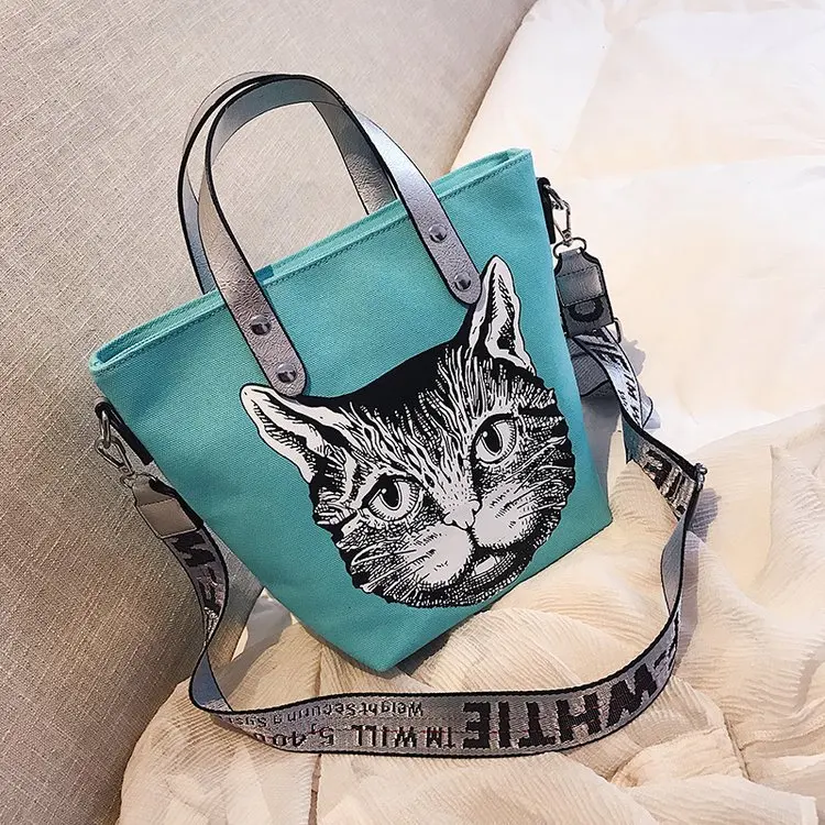 

2019 New Fashion Cat Head Print Canvas Female Handbag crossbody Bags Female Messenger Shoulder Bags Crossbody Handbags