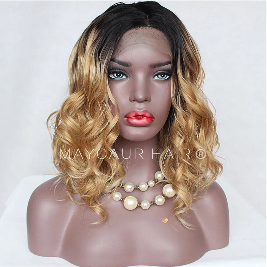 Maycaur Natural Wavy Glueless Synthetic Lace Front Wigs Short Bob Black Blonde Brown Color Lace Wig Natural Hair for Women
