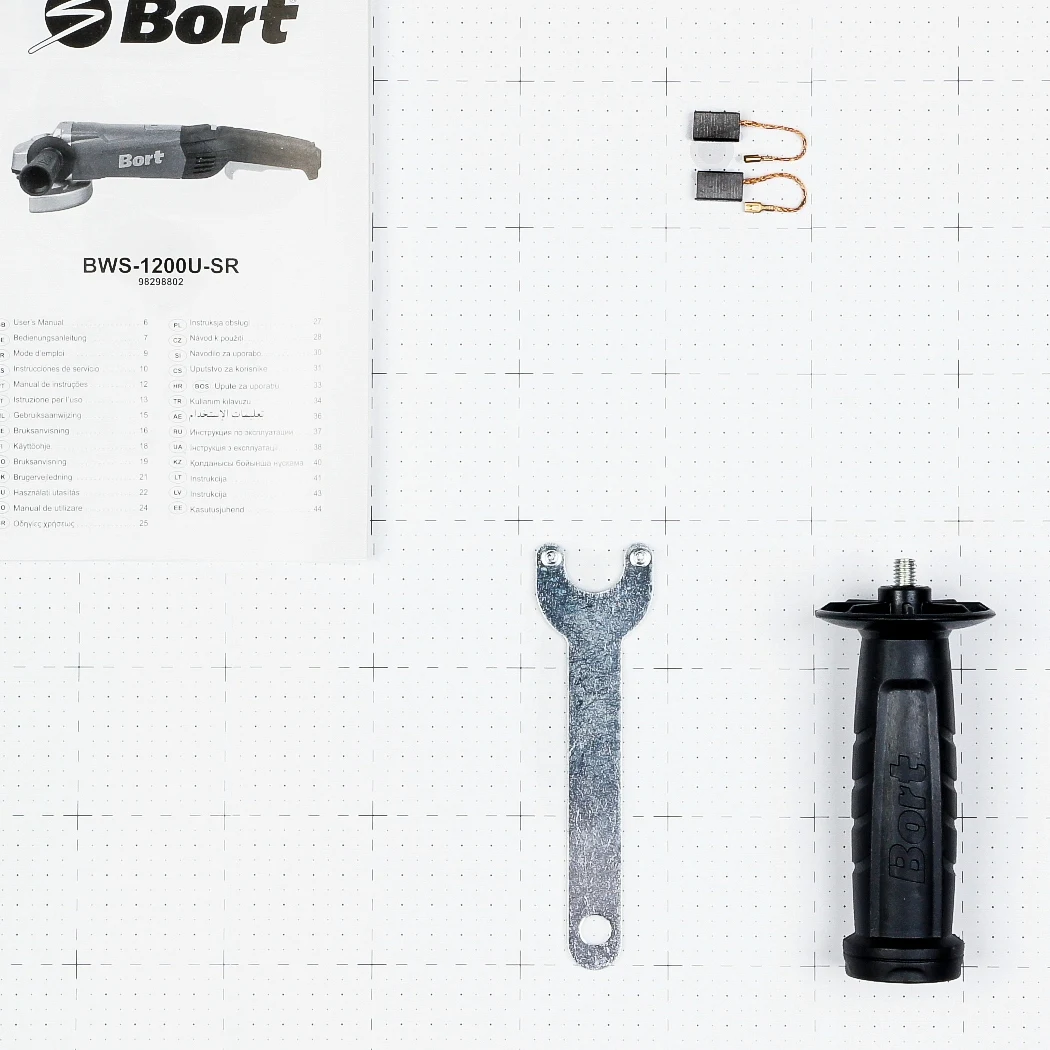 Машина шлифовальная угловая Bort BWS-1200U-SR (Мощность 1200 Вт, 11000 об/мин холостого хода, диаметр диска 125 мм, блокировка шпинделя, плавный пуск, регулировка скорости)