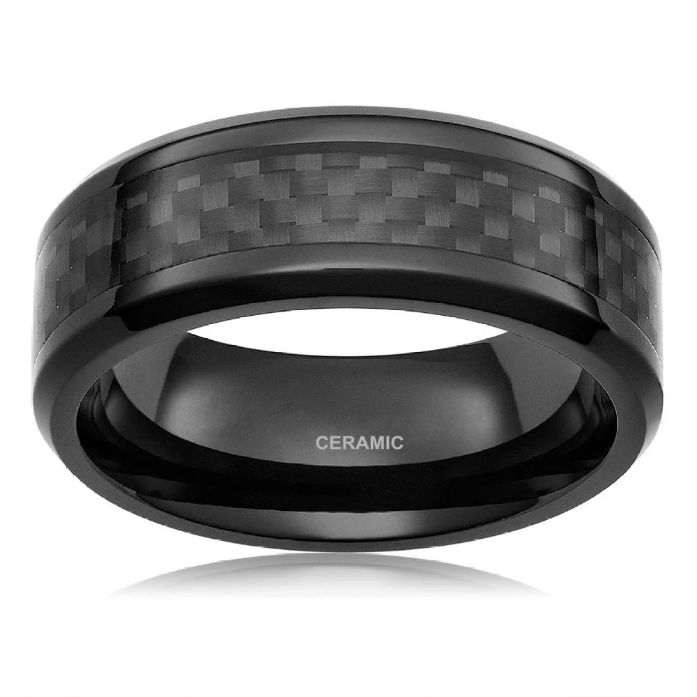 8mm Men's Ceramic Ring Black Carbon Fiber Inlay Engagement Wedding Band Male Ring Anillos Fashion Mens Jewelry Friends Gift