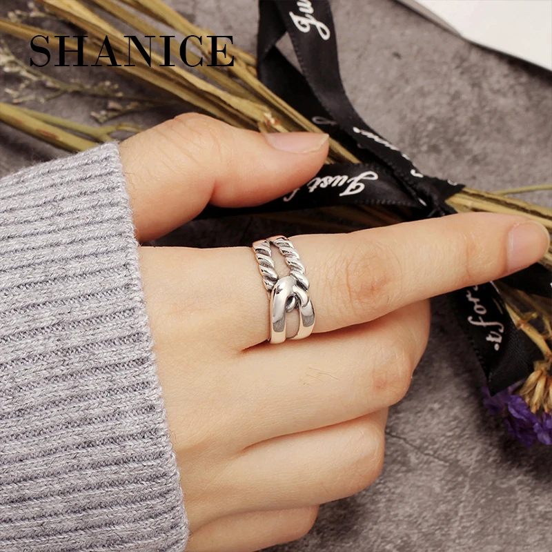 

SHANICE 925 Sterling Silver Opening Ring Retro Do The Old Thick Wide Chain Ring Vintage Silver Jewelry For Women