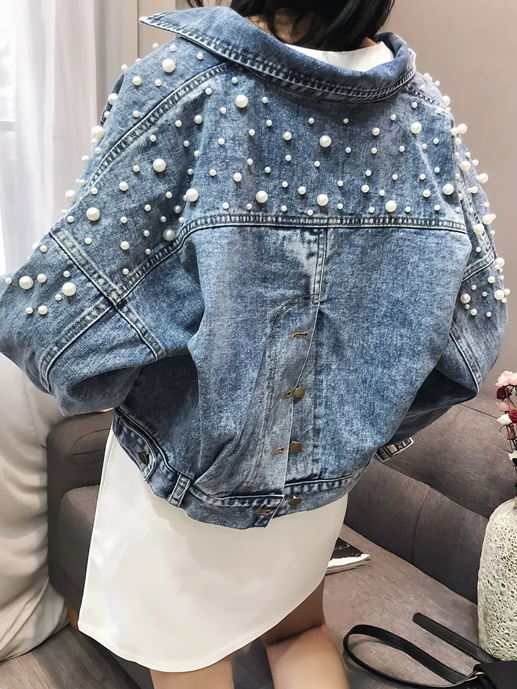 

Rival Solid Streetwear Women Cartoon Jackets Pearls Jacket New Design Female Jacket Jean Jacket Women Lined Jeans