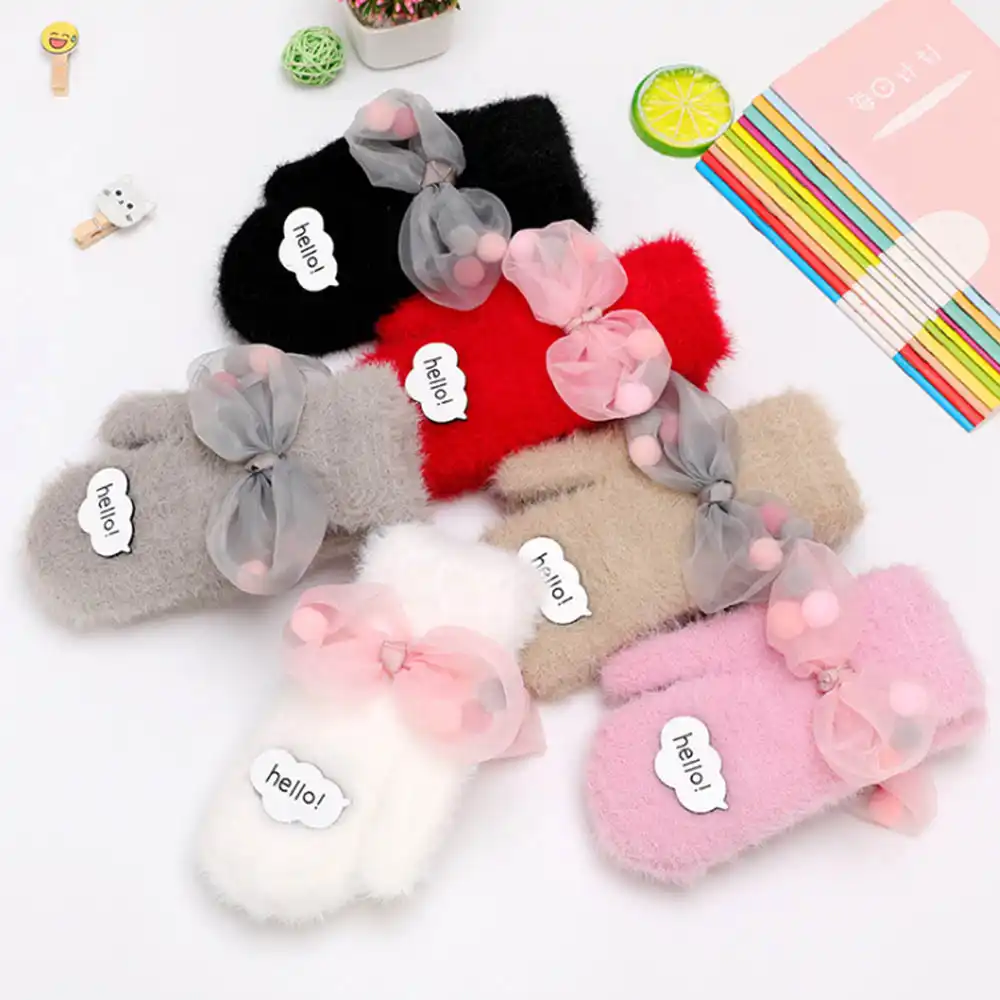 Rabbit Hair Kids Gloves Fur Wool Soft Knitted Cartoon Villain Winter Hand Mitten