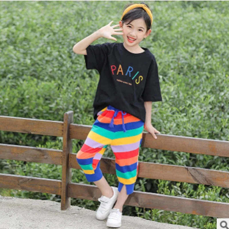 

Children 's Sports Clothing Set New 2019 Spring and Autumn Girls 2 Rainbow Colors Size4-14 Kids Clothes Sets 2 piece ly299