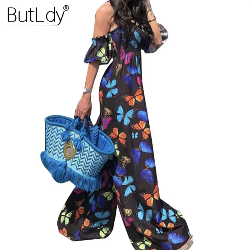 طباعة مثير معطلة الكتف بذلة النساء حمالة حزب واسعة الساق بذلة الصيف رومبير 2019 عارضة فضفاض طويل ارتداءها وزرة