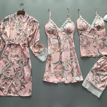 Женская домашняя одежда пижамы 4 шт. ремень топ брюки костюм пижамы наборы женская ночная сорочка соблазнительное кимоно Ночной халат ночная рубашка