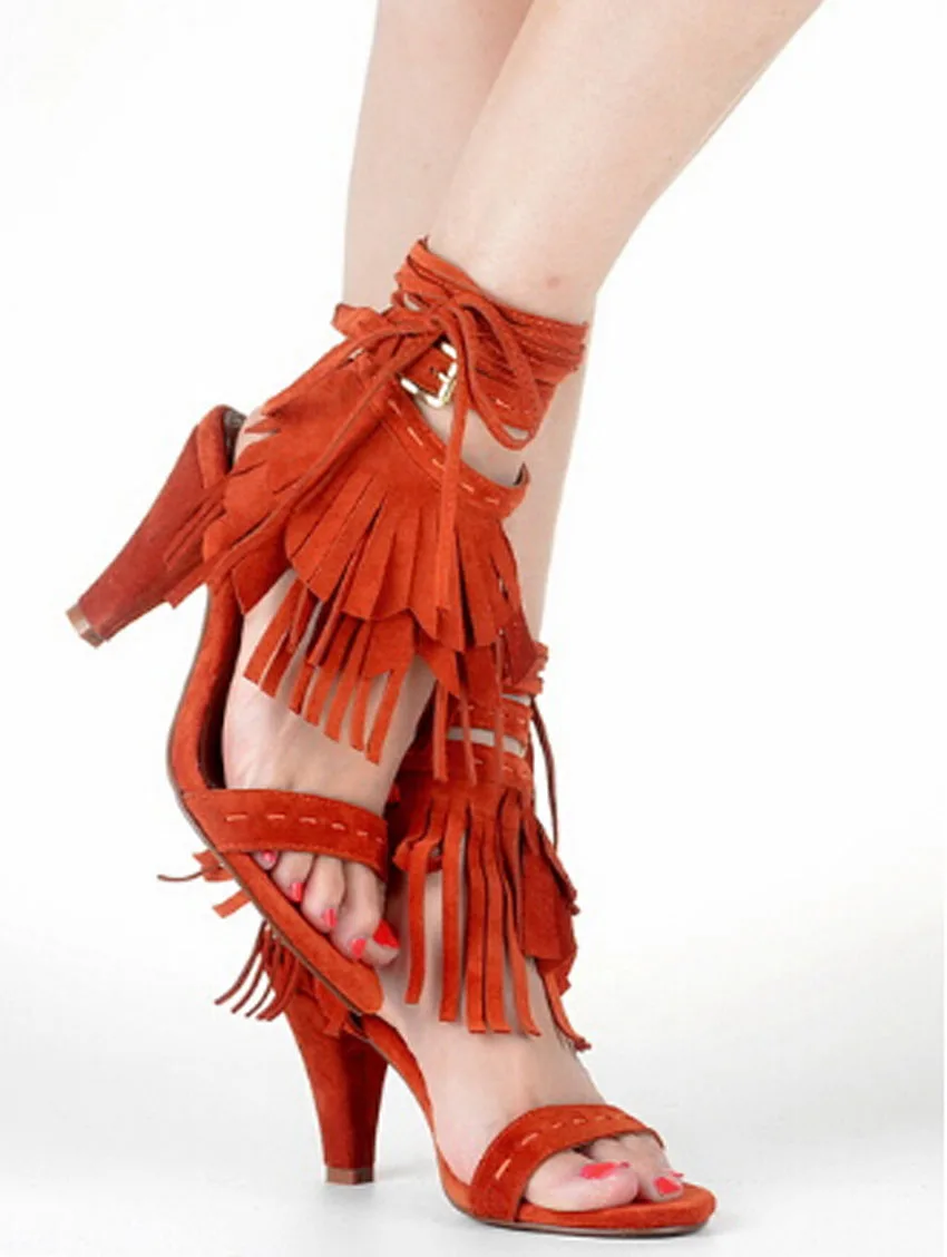 Женские модные сандалии-гладиаторы со шнуровкой, круглым носком и бахромой; туфли под платье на высоком каблуке с ремешком на щиколотке - Цвет: Красный