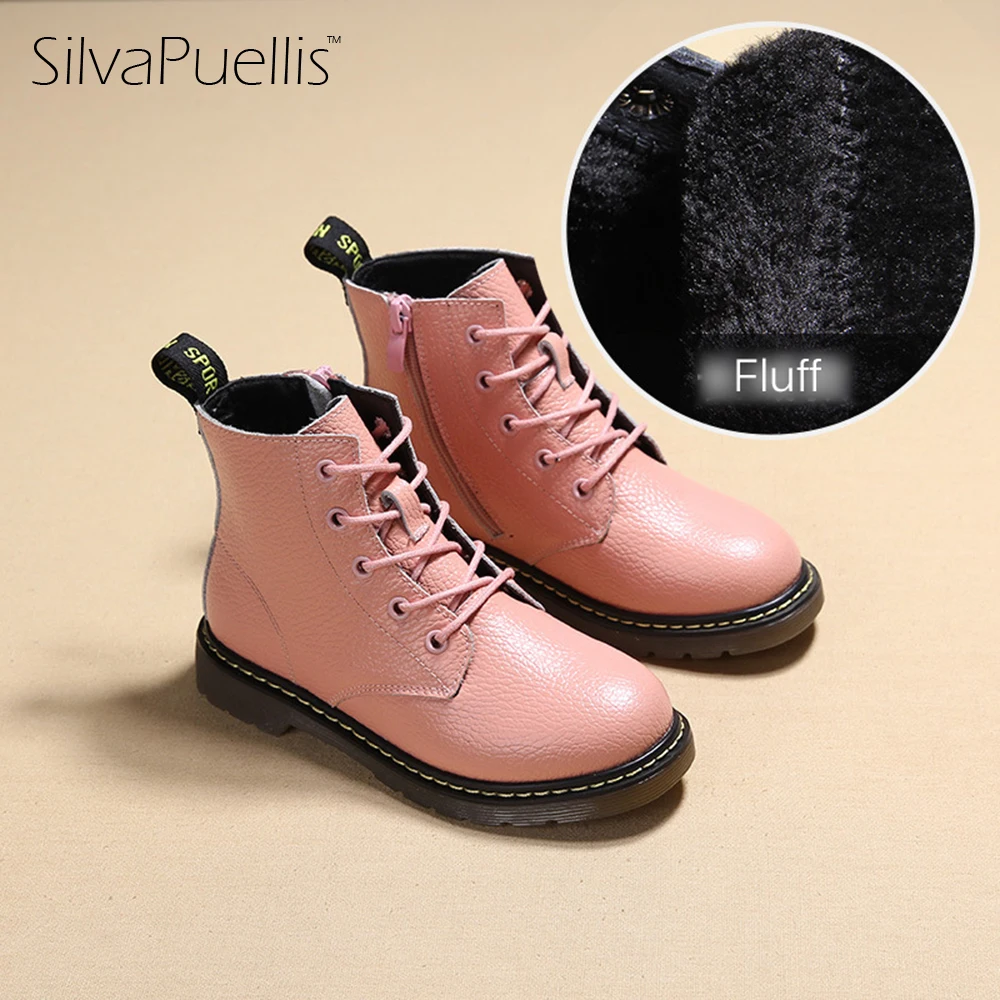

SilvaPuellis New Children Winter Fashion Snow Boots Girls Warm Pink Silvery Black Lace-Up Fluff Boots Girls Rubber Ankle Boots
