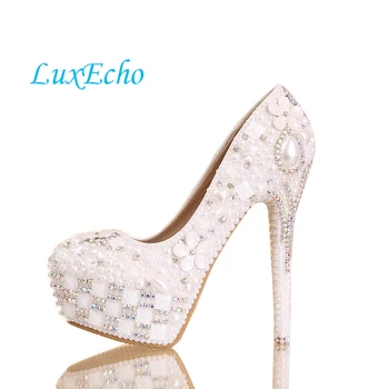

White pearl wedding shoes woman 14cm heel Pure white women's Pumps wedding shoes up heel platform shoes bota fem round toe shoes