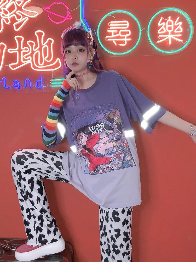 Хип-хоп градиентная цветная печатная Светоотражающая футболка Tuku для мужчин и женщин в Харадзюку стрит