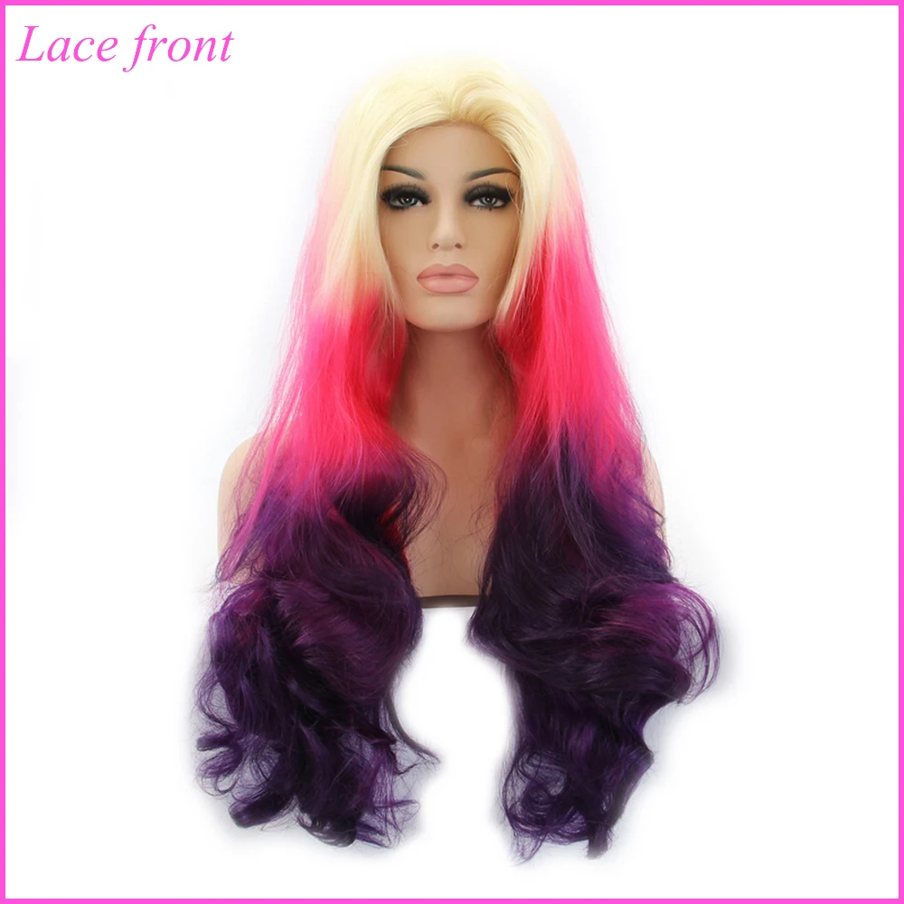 Yiyaobess Glueless термостойкие синтетические длинные волнистые Омбре парик на кружеве блонд фиолетовый черный красочные парики для женщин