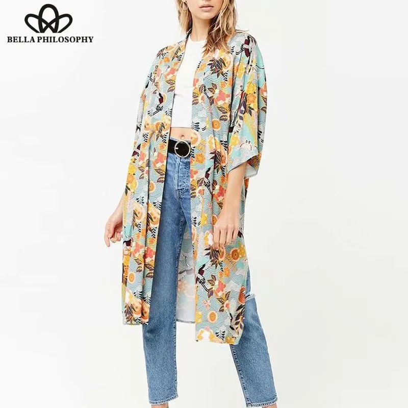 Wonder 2019 new  Casual Vintage Kimono Cardigan Ladies Summer Long Chiffon Beach Kimono Loose floral Crane printed Blouse Tops