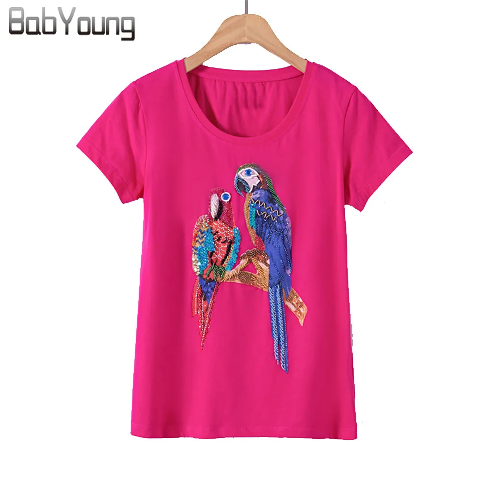 

BabYoung Summer Tops for Women T-shirt Parrot Pattern T Shirt Cotton Short Sleeve O-neck Harajuku Tshirt Tee Shirts Femme Red