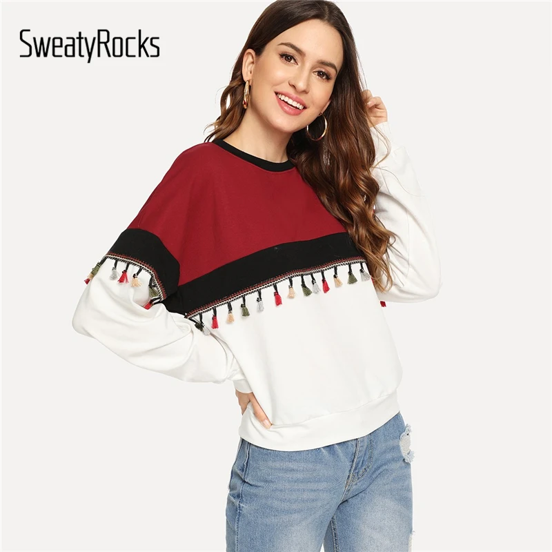 

SweatyRocks Casual Cut and Sew Tassel Detail Sweatshirt Long Sleeve Colorblock Lady Tops 2018 New Autumn Women Sweatshirts