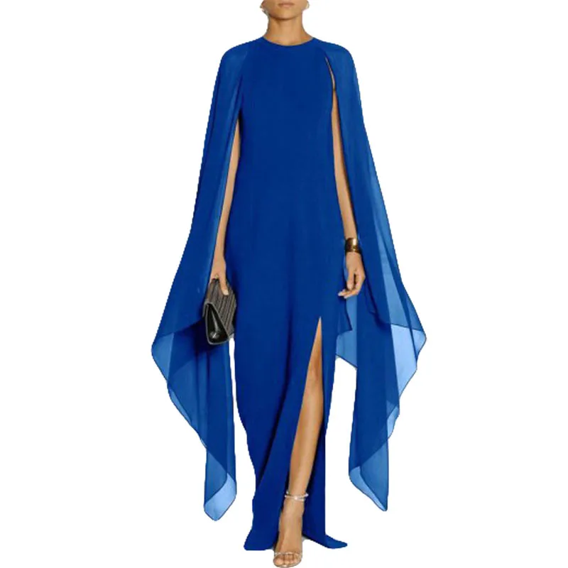

Black/Blue/Red/Purple New Design Long Batwing Sleeve Elegant Ladies Casual Party Wear Side Split Chiffon Maxi Dress Wholesale