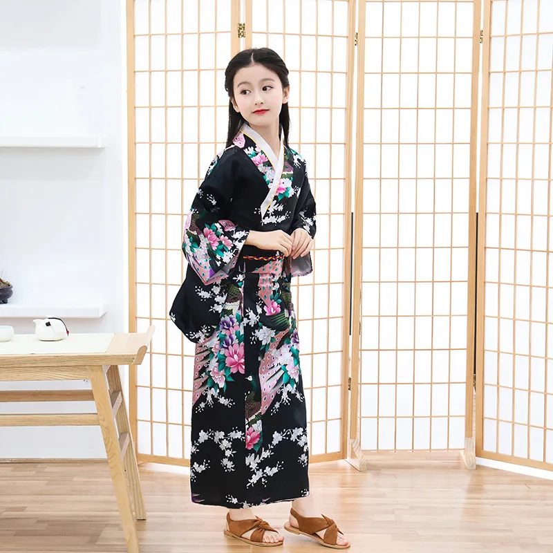 Kids Print Japanese Traditional Kimono Bathrobe Girls Yukata Princess Skirt Show Cosplay Costume Children Lovely Butterfly Dress - Цвет: X001-5