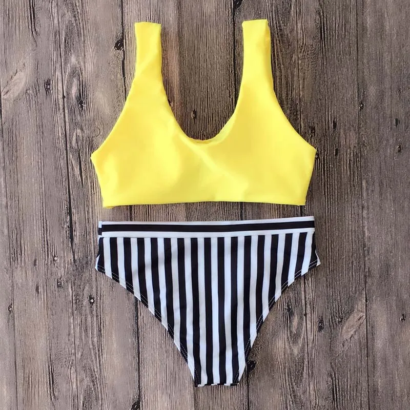 

Ladies Swimsuits Solid Color Bikini Bra Striped Briefs Summer Swimsuits for Swimming DX88
