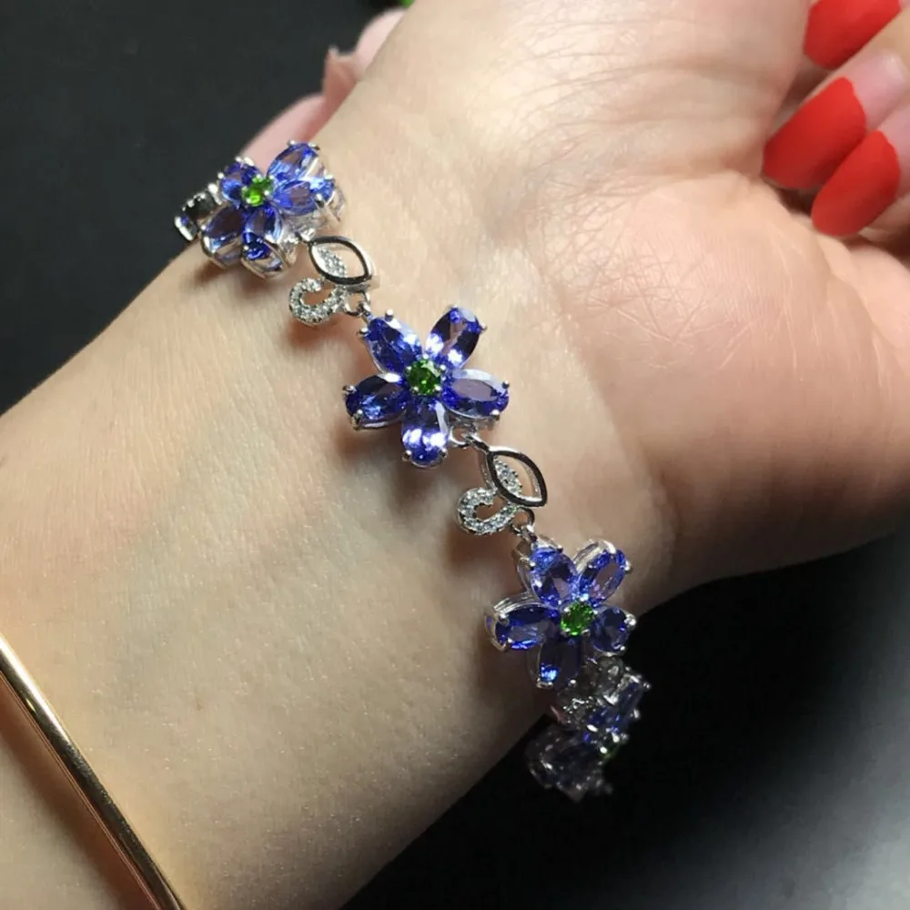 Tanzanite bleu naturel gemme mode luxueux fleur Bracelet naturel diopside Bracelet 925 argent brace