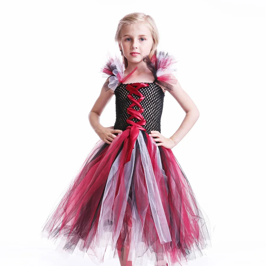 Black Wine Kids Halloween Purim Costume Evil Queen Inspired Girls Handmade Tutu Dress with Horns Children Scary Bow Gown (8)