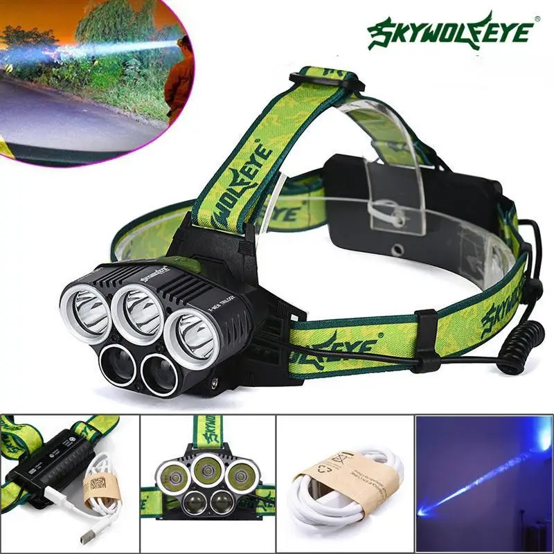 

SKYWOLFEYE 80000 LM T6 5X LED Headlight Rechargeable 18650 Battery Hunting Fishing Light With USB Cable high power
