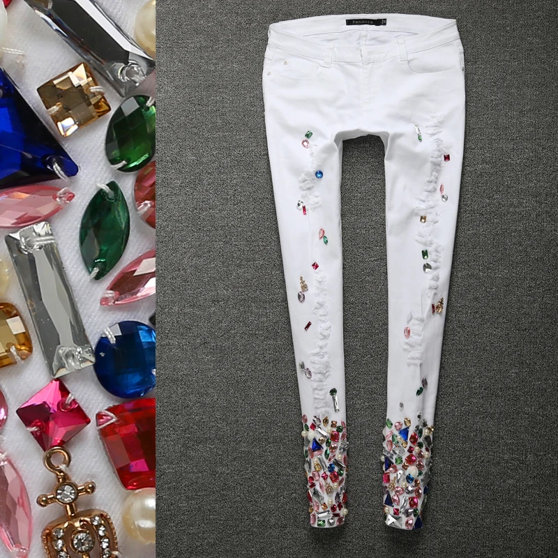 Abalorios Del Denim De Tobillo Pantalones Moda Primavera White Mezclilla La Mujeres Agujero 2019 Longitud Las Lápiz Delgados xfFAqRw6