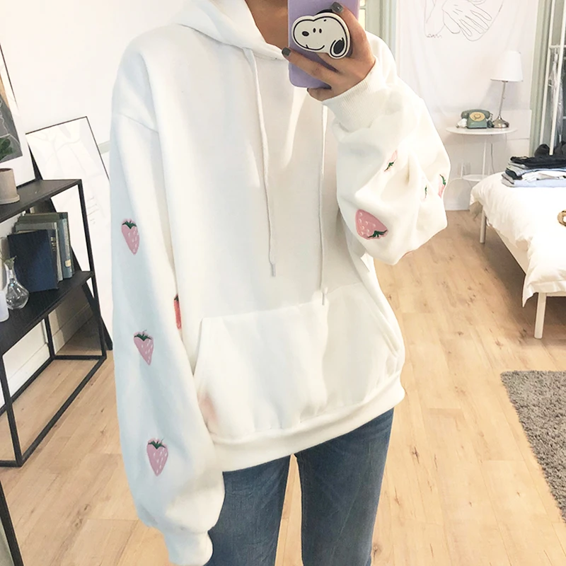 

New Autumn Hoodies Women Harajuku Embroidered Strawberry Hoodies Cotton Loose Hooded Pullover Sweet Candy Color Hoodies Female