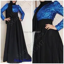 New Muslim Black Long Sleeve Evening Dress Dubai Kaftan Royal Blue Sequin Long Prom Dresses With Hijab Robe De Soiree 2017