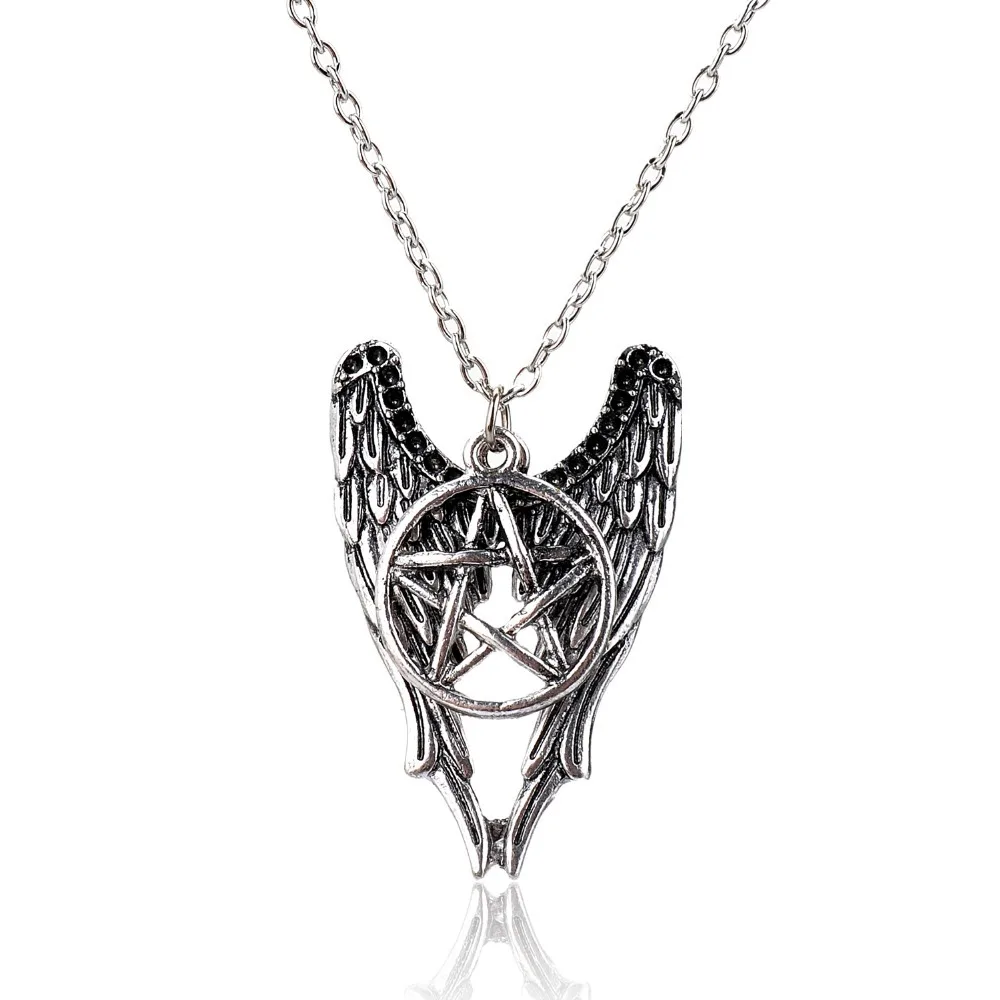 

Lureme Antique Silver Supernatural Necklace Pentagram Pendant Casting Wings Angel Wicca Movie Jewelry