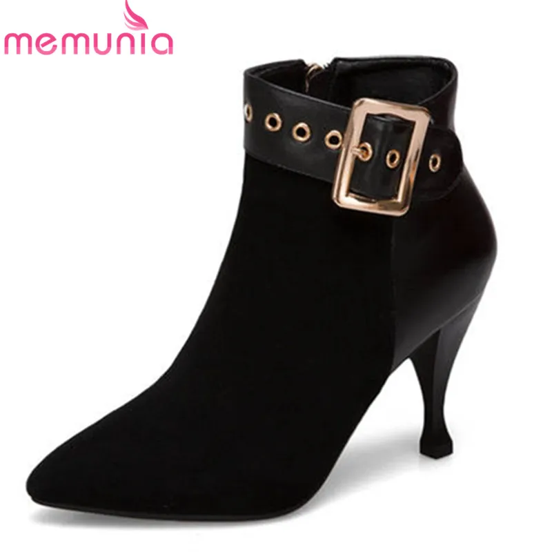 

MEMUNIA 2018 new fashion style suede leather ankle boots women pointed toe zipper high heels boots warm elegant dress shoes