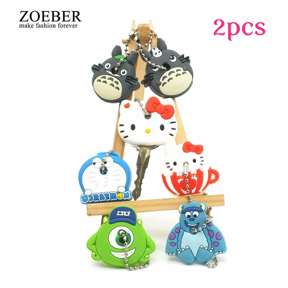 

ZOEBER 2PCS a set cute Anime Cartoon Key chain Silicone key cover cap women hello kitty minions Totoro monster Ring car Keychain
