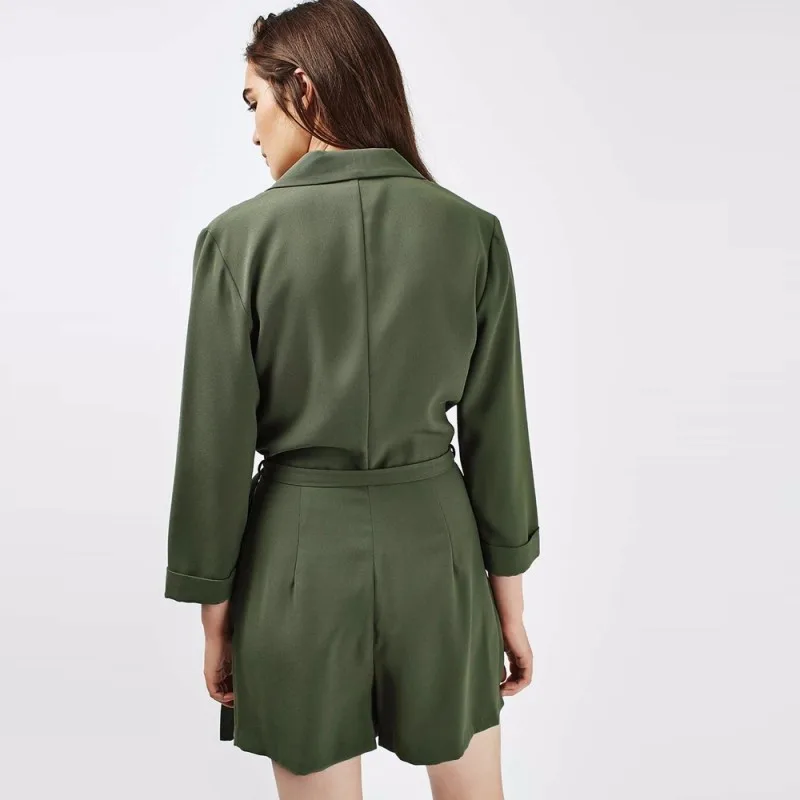 Модный Блейзер комбинезоны с поясом на талии с v-образным вырезом Женские шорты OL сплошной цвет Короткие Комбинезоны M16102807
