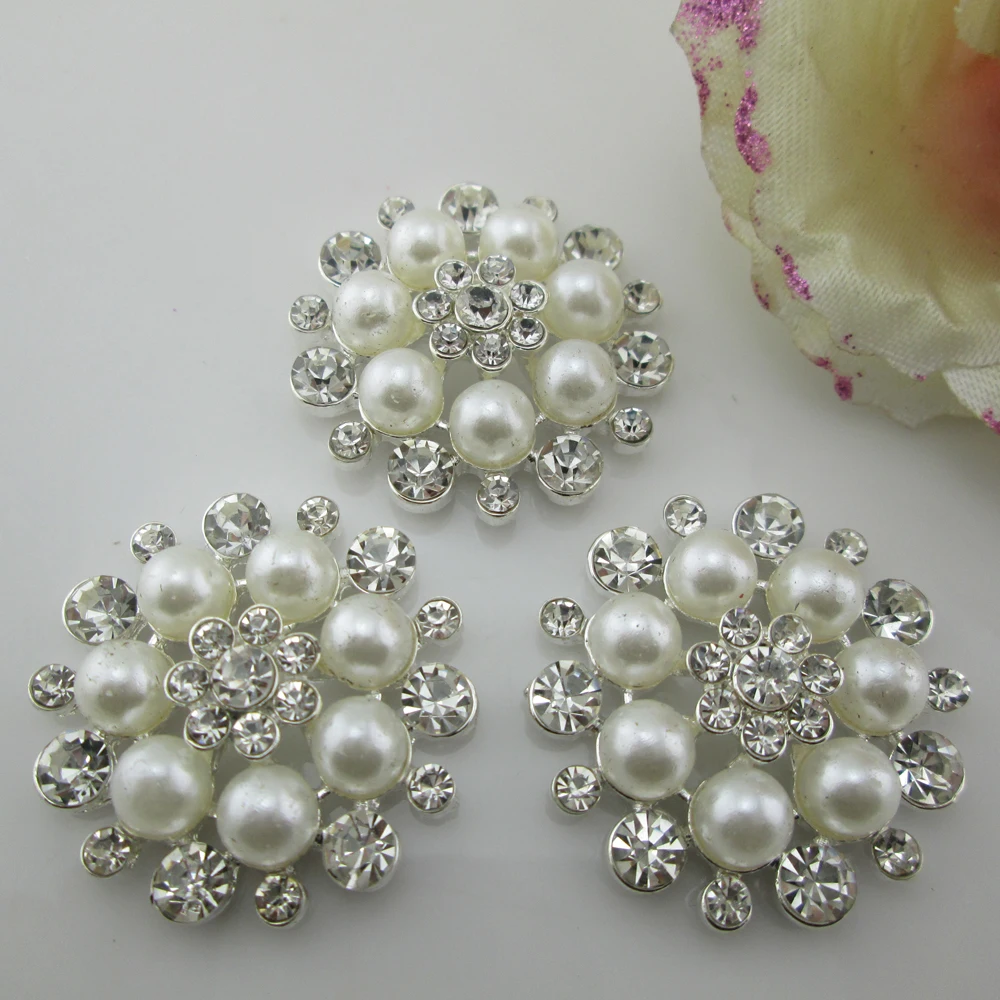 

(BT232 33mm)5pcs Alloy White Pearl Diamond Rhinestone Buttons For Diy Hair Accessories