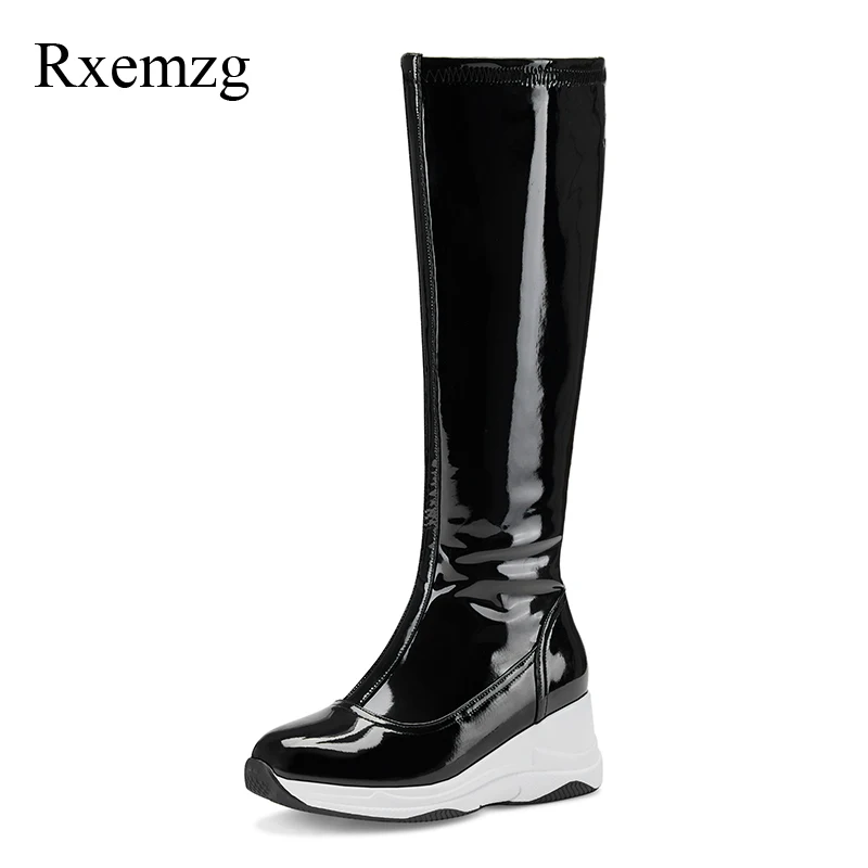 

Rxemzg winter high heels boots women round toe black knee high boots short plush platform wedges snow boots fashion shoes woman