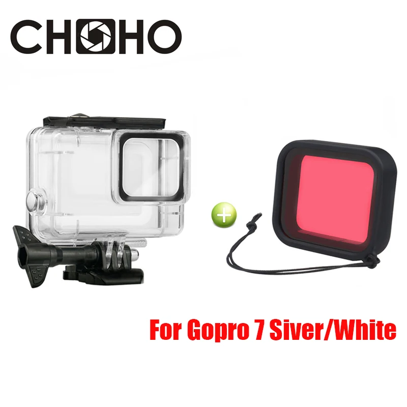 

For Gopro 7 Siver White waterproof Case + Red Diving Filter lens Dive Underwater Protector For Go Pro Hero 7 New Accessories