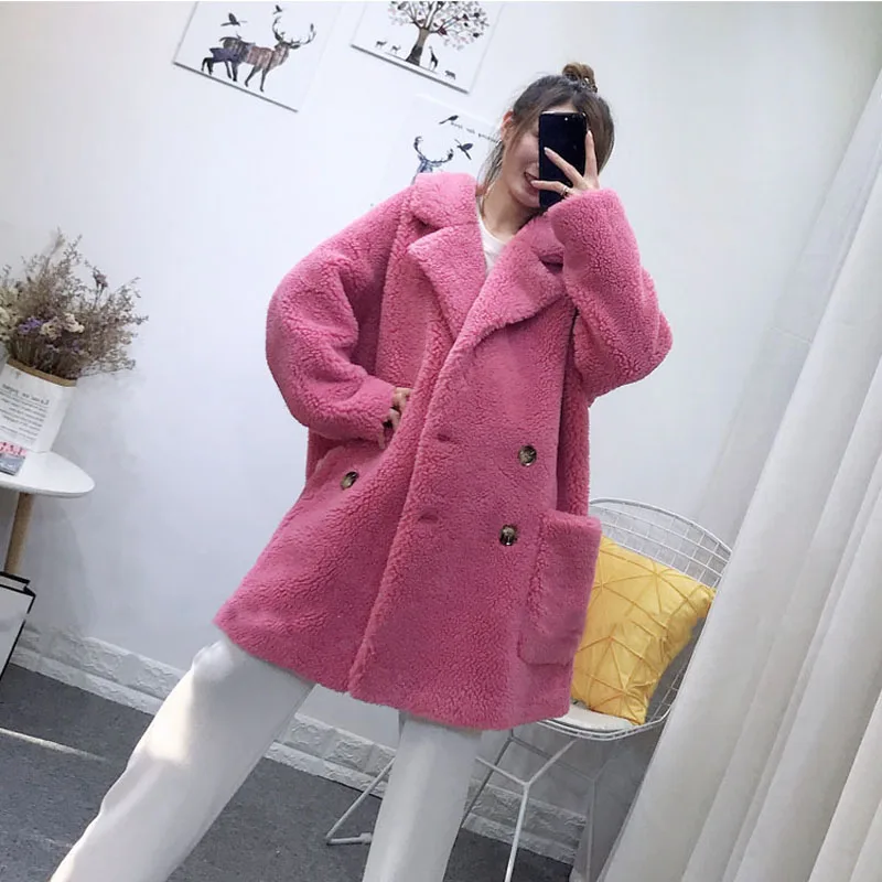 Овчина мех зимнее пальто женская одежда новые длинные пальто размера плюс 70% шерстяная куртка с мехом парка розовое пальто с отложным воротником