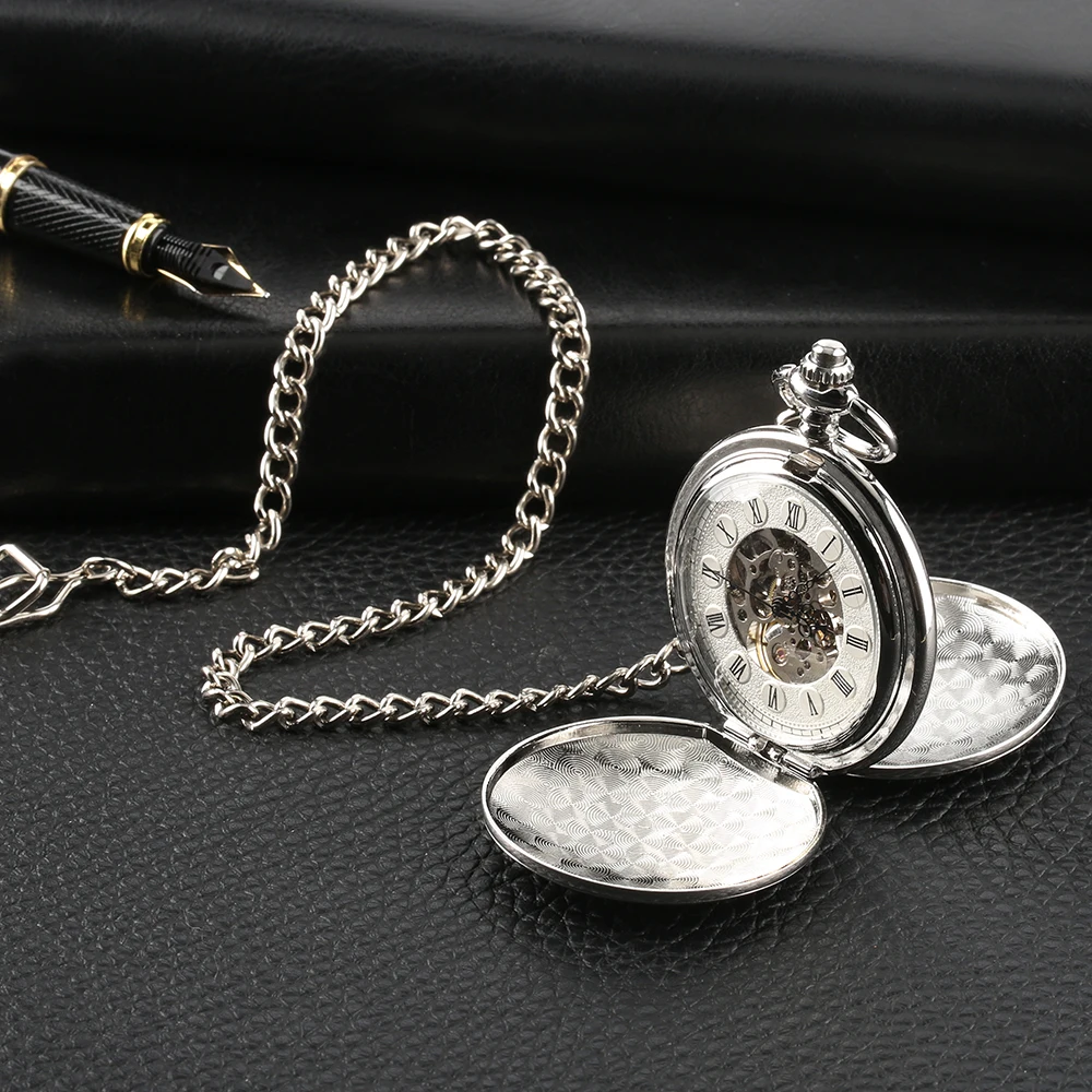 

Luxury Unisex Roman Numerals Transparent Skeleton Double Hunter Design Mechanical Hand Wind Smooth Silver Pendant white Dial