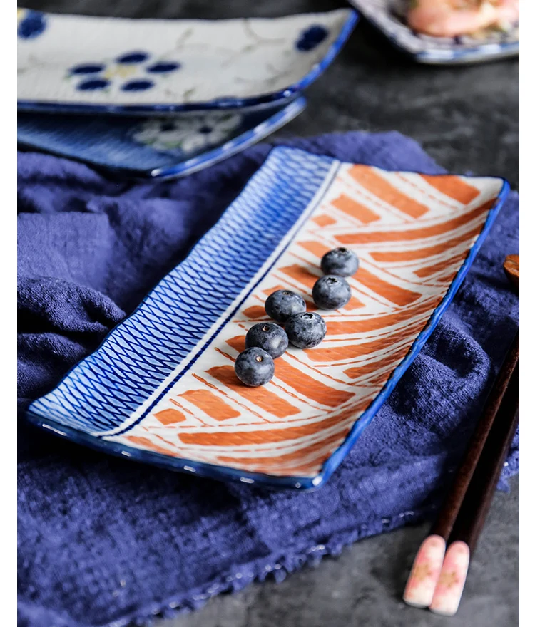 Японская глазурь вниз окрашенная керамика тарелка суши диск прямоугольное блюдо пельменей Сковорода-жареная рыба блюдо с солнечным соусом