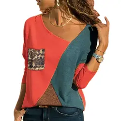 Женщины Осенние футболки с длинными рукавами контрастного цвета пэчворк пуловер Топы-MX8