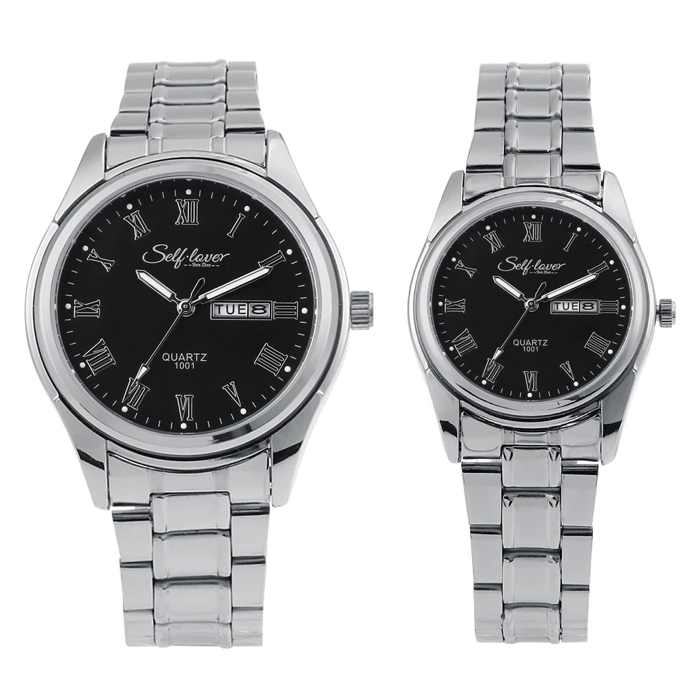 

Silver Strip Alloy Couple Lover Plated Black Silver Stainless Steel Strap Black Simple Face with Roman Number Women Man Watch