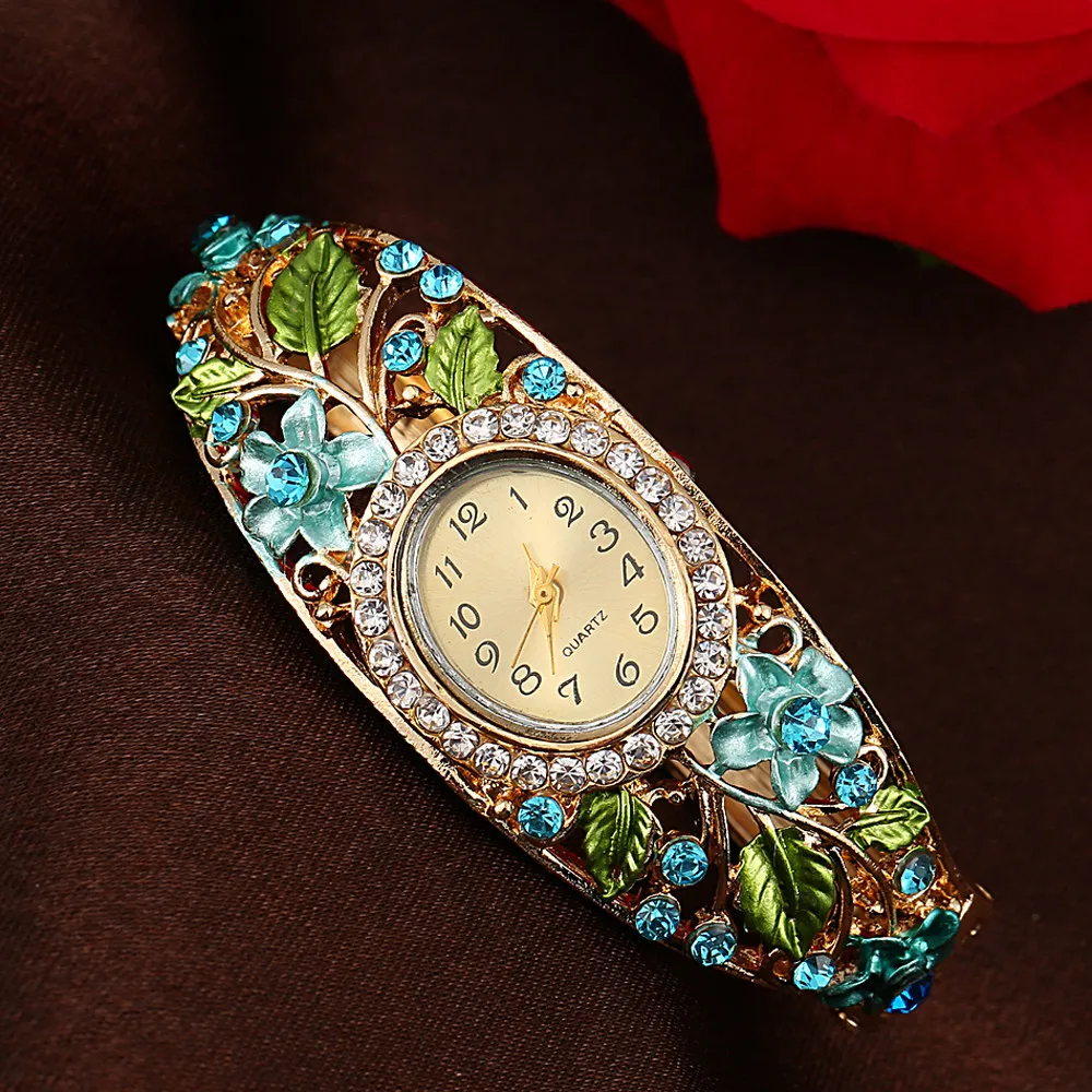 

OTOKY Fashion Casual Women Rhinestone Lady Leather Leather Winding Leaf Analog Quartz Wrist Bracelet Flowers Watch MAY31