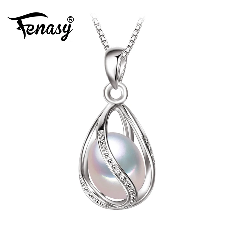 FENASY Pearl Jewelry,natural Pearl Pendant cage Necklace Party fashion style Freshwater Pearl Silver Necklace Pendant,gift box