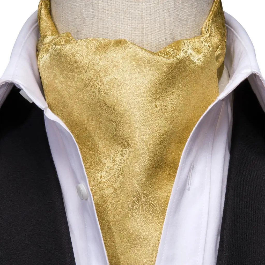 Hi-Tie Men Solid Yellow Cravat Gold Silk Asoct Classic Ties Floral Necktie Pocket Square Cufflink Set Gift for Wedding AS-1006